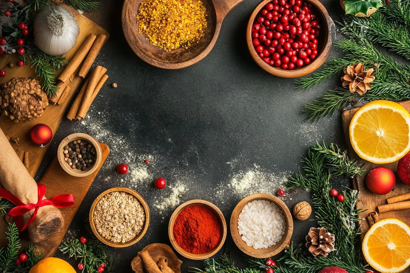 Épices, cannelle, agrumes et décor de Noël sur une table