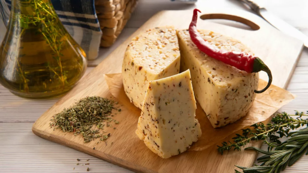 Fromage aux herbes, piment et huile d'olive sur une planche